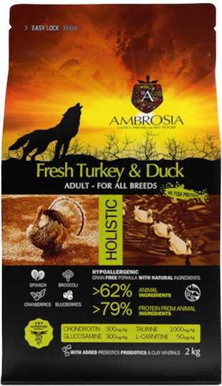 Ambrosia Fresh Turkey & Duck Adult All Breeds 2kg Hrană Uscată Dietetic, fără Cereale pentru Câini Adulţi Sterilizaţi cu Curcan și Rață