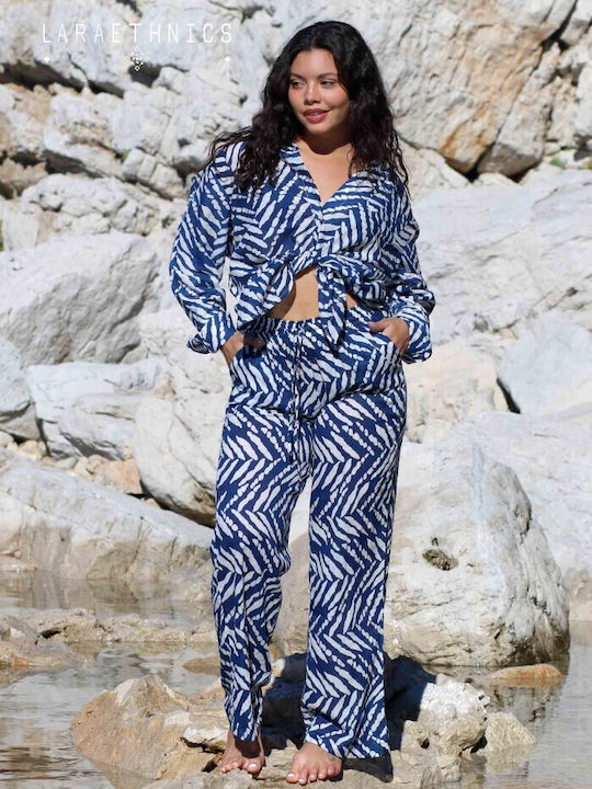 Damen Hochgeschnittenes Stoffhose mit Gummiband Blau