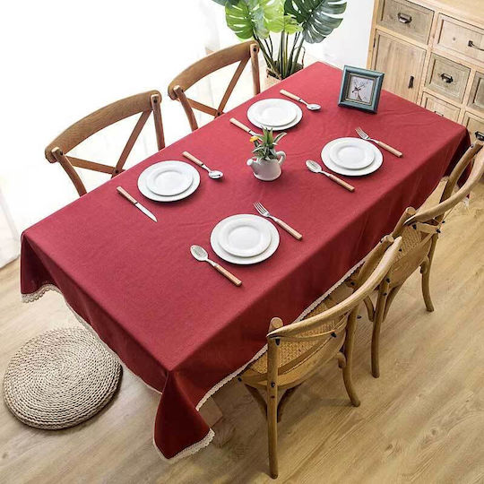 FRIPIA Linen Tablecloth With Burgundy Lace 140x200cm