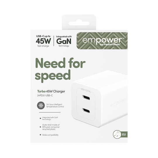 Empower by PanzerGlass Φορτιστής Χωρίς Καλώδιο GaN με 2 Θύρες USB-C 45W Power Delivery Ασημί (EM58685)