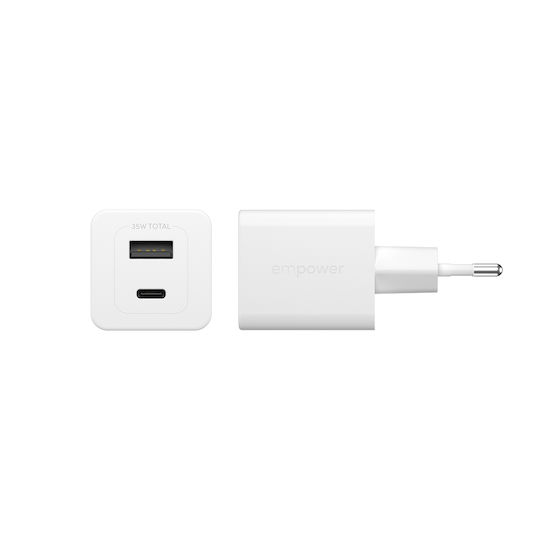 Empower by PanzerGlass Empower by PanzerGlass Handyladegerät Ohne Kabel GaN mit USB-A Ausgangsanschluss und USB-C Ausgangsanschluss 35W Stromlieferung Silber Weiß