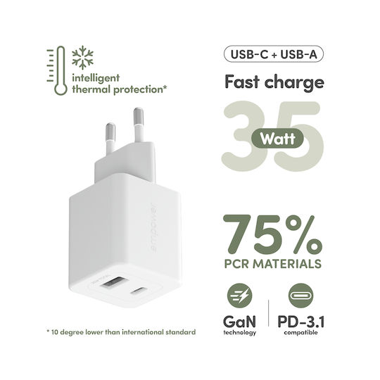 Empower by PanzerGlass Empower by PanzerGlass Handyladegerät Ohne Kabel GaN mit USB-A Ausgangsanschluss und USB-C Ausgangsanschluss 35W Stromlieferung Silber Weiß