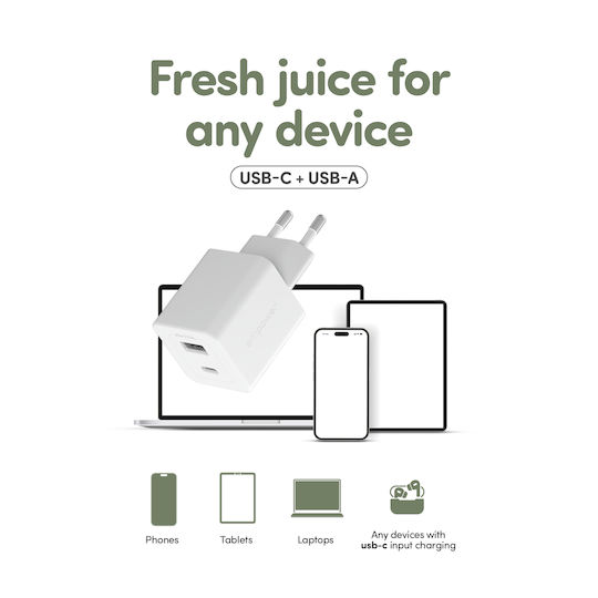 Empower by PanzerGlass Empower by PanzerGlass Handyladegerät Ohne Kabel GaN mit USB-A Ausgangsanschluss und USB-C Ausgangsanschluss 35W Stromlieferung Silber Weiß