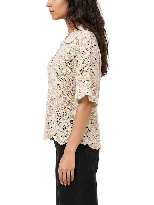 Women's Polo Blouse Short Sleeve Beige
