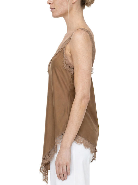 Women's Satin Lingerie Top with Lace Beige