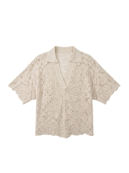 Women's Polo Blouse Short Sleeve Beige