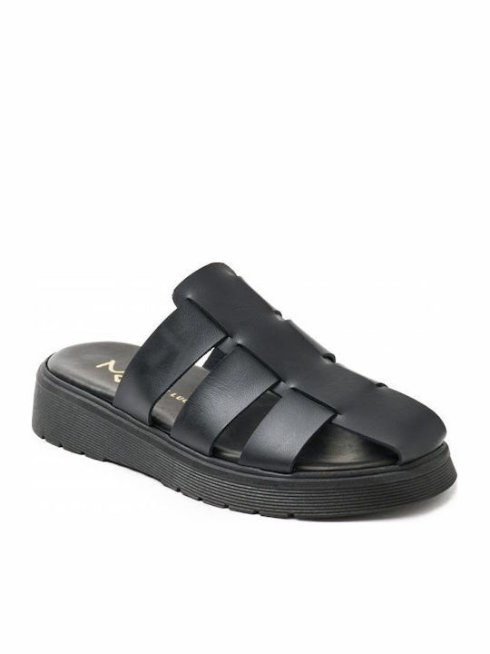 Δερμάτινα Γυναικεία Ανατομικά Σανδάλια Flatforms Μαύρα
