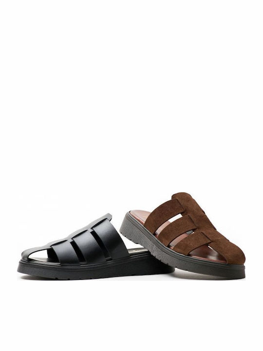Δερμάτινα Γυναικεία Ανατομικά Σανδάλια Flatforms Μαύρα
