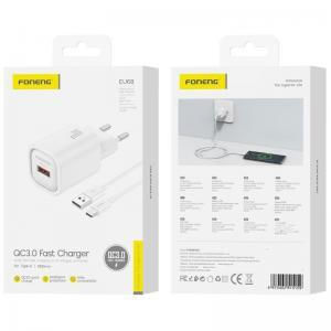 Foneng Зарядно устройство с USB-A порт и USB-C кабел 18W Quick Charge 3.0 Бяло (EU68)