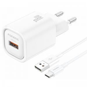 Foneng Зарядно устройство с USB-A порт и USB-C кабел 18W Quick Charge 3.0 Бяло (EU68)