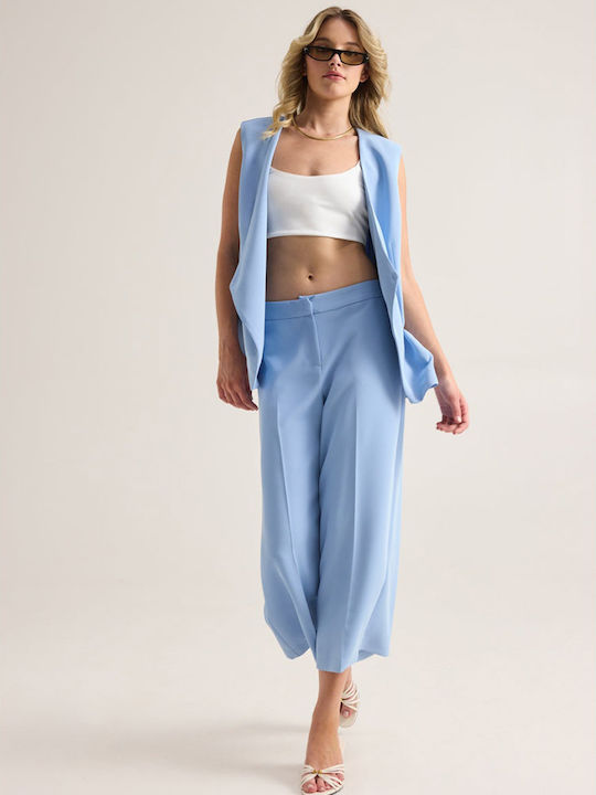 Women's High Waist Zip Culottes with Rubber Band Light Blue