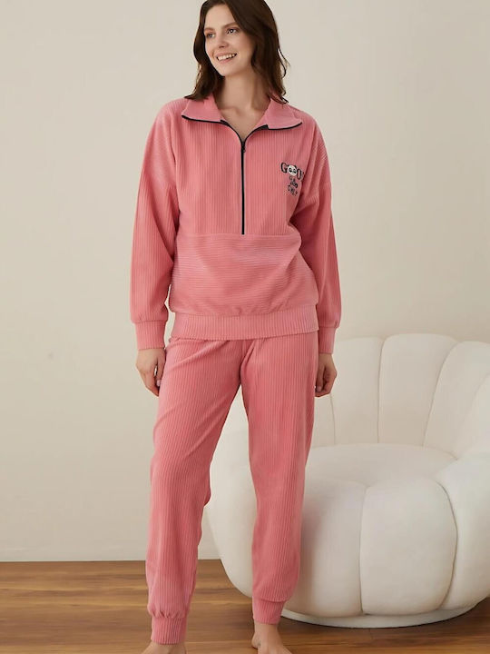 Boyraz Winter Damen Schlafanzug Set Baumwoll Rosa