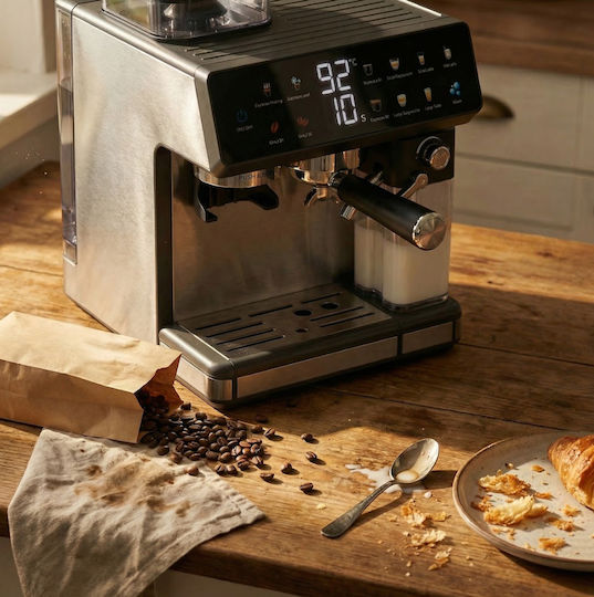 Izzy IZ-6028 Αυτόματη Μηχανή Espresso 1450W Πίεσης 20bar για Cappuccino με Μύλο Άλεσης Ασημί 225253
