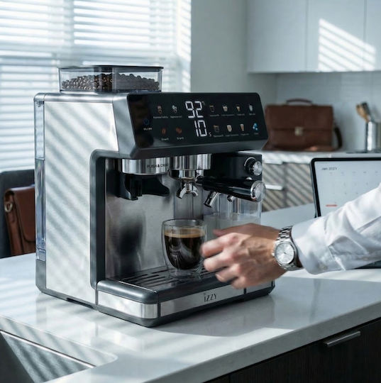 Izzy IZ-6028 Αυτόματη Μηχανή Espresso 1450W Πίεσης 20bar για Cappuccino με Μύλο Άλεσης Ασημί 225253