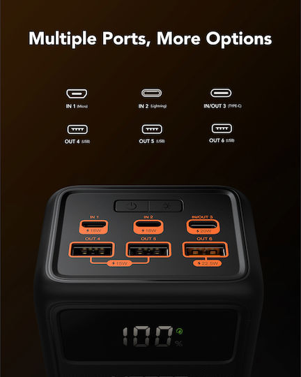 Charmast TankLite Power Bank 50000mAh 22.5W με 3 Θύρες USB-A και 3 Θύρες USB-C Power Delivery Μαύρο