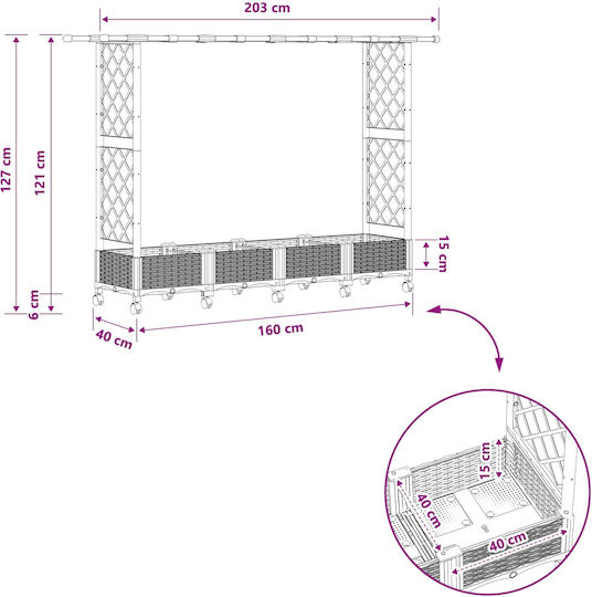vidaXL Пластмасова Кутия За Саксии Черна 203x40x127см