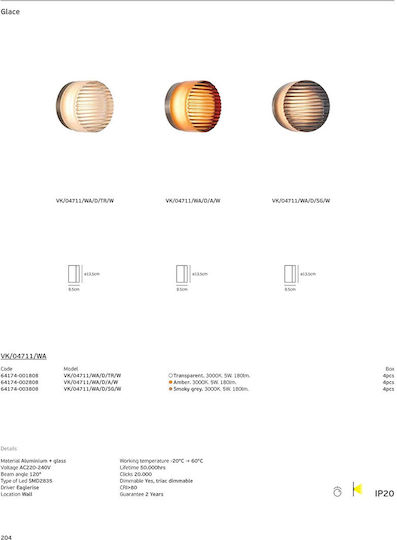 VK Lighting Wall Lamp with Integrated LED and Warm White Light Grey
