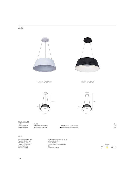 VK Lighting White LED Pendant Ceiling Light with Warm White Light