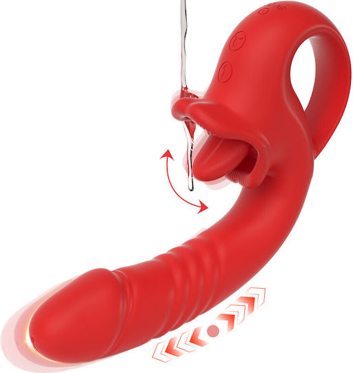 Smd Double Trouble Thruster Clitoral Licking & G-spot Thrusting Vibrator Διπλός Δονητής 10 Licking & Thrusting Modes Red