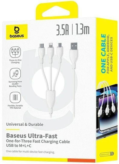 Ultra-fast One-to-three Изтеглящ Се Захранващ И Данни Кабел Usb Към Micro-usb Lightning Usb Type-c 3.5a 1.3m Бял