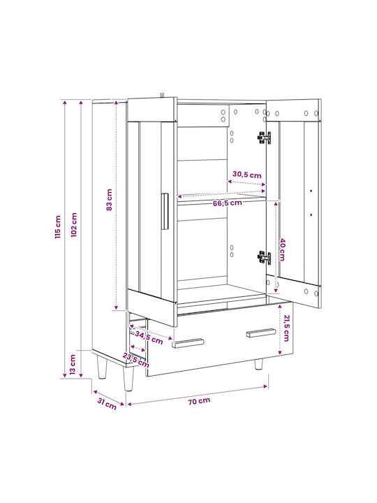 Bodenstehende Wohnzimmer Vitrine aus Eiche und Metall mit Verglasung 70x31x115cm
