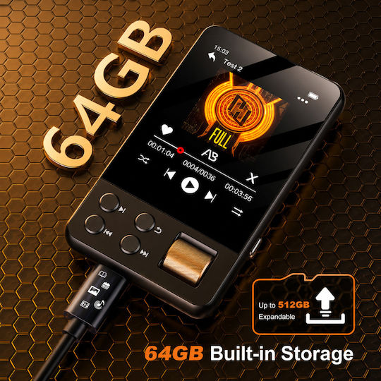 Mp3 Player Ecran Tactil 2.4 Inch Bluetooth 5.4 64gb Suportă Card 512gb Hifi Radio Fm Reportofon Usb-c Căști Negre