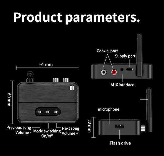 Receptor Audio Bluetooth 5.4 Rx Adaptor Techstar M60 Împerechere Nfc Aux + Rca Redare Usb Tip-c Stick Usb Microfon Integrat Hifi 10m