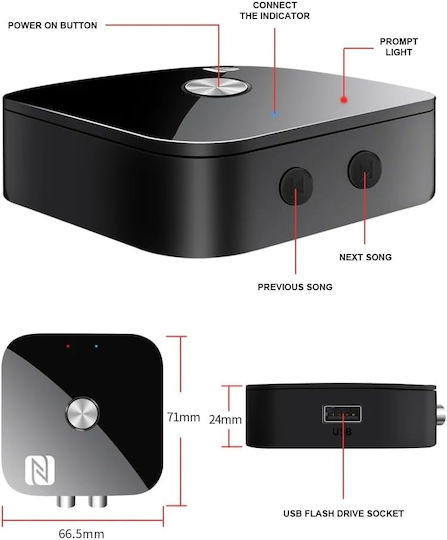Techstar T68 Receptor Audio Bluetooth Bt 5.3 Nfc Rca L R + Aux 3.5mm Usb U-disk Telecomandă Ir Hifi 10m Negru