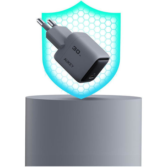 Aukey Φορτιστής Χωρίς Καλώδιο GaN με Θύρα USB-C 30W Power Delivery Γκρι (PA-C1 Comet)