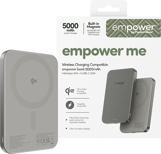 PanzerGlass Empower MagSafe Qi2 5000mAh 20W с USB-C изходен порт Power Delivery / Бързо зареждане Титанов Външна батерия