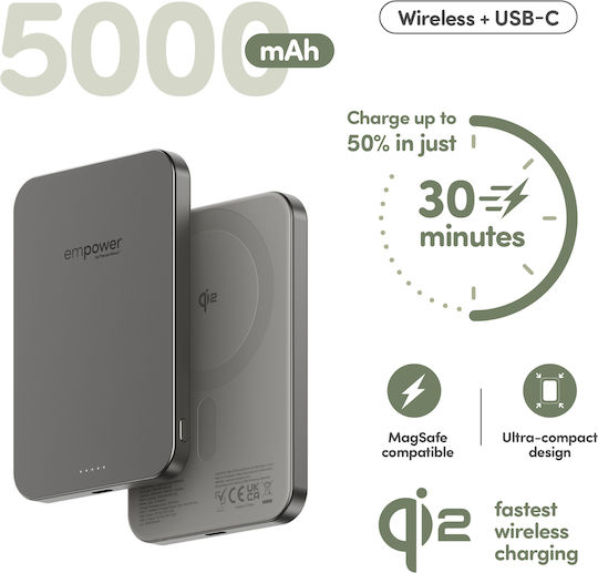 PanzerGlass Empower MagSafe Qi2 5000mAh 20W с USB-C изходен порт Power Delivery / Бързо зареждане Титанов Външна батерия