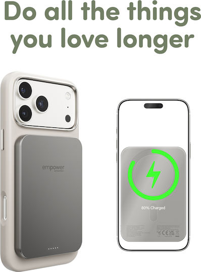 PanzerGlass Empower MagSafe Qi2 5000mAh 20W с USB-C изходен порт Power Delivery / Бързо зареждане Титанов Външна батерия