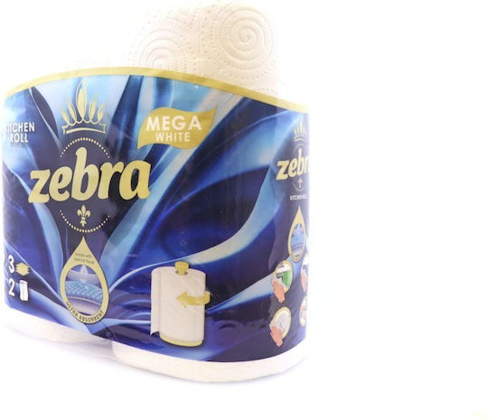Zebra White Mega Χαρτί Κουζίνας 2 Ρολά 3 Φύλλων 2 Συσκευασίες
