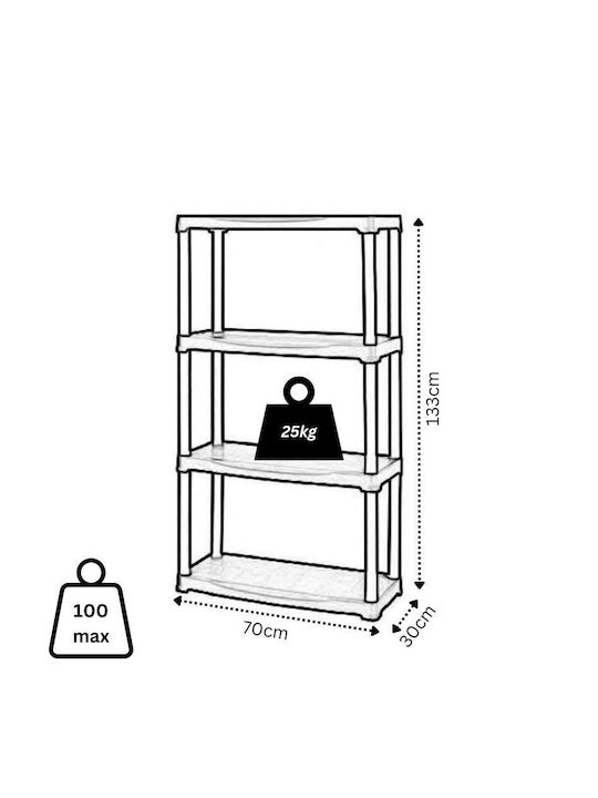 Plastic Shelving Unit with 4 Black Shelves 70x30x133cm