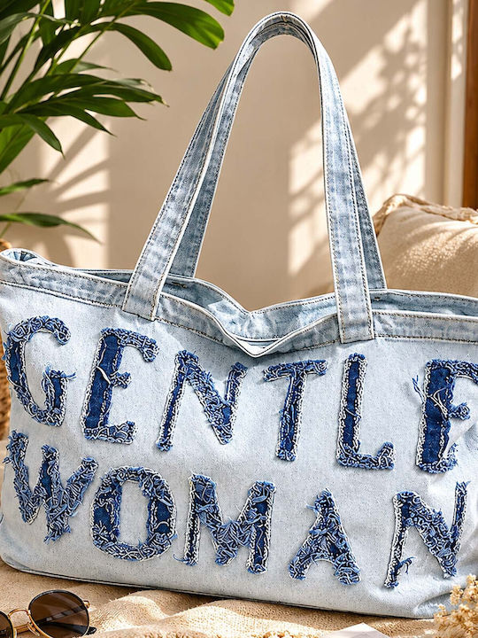Gallantry Embroidered Gentle Woman Denim Tote Bag A Casual Style White Blue