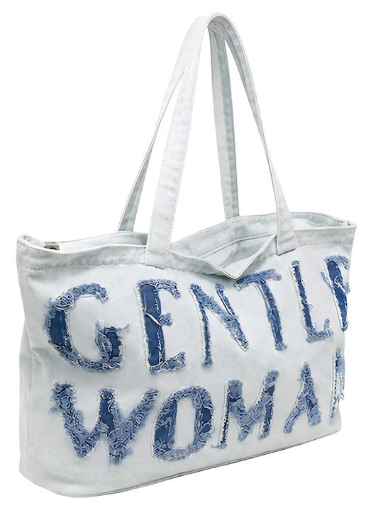 Gallantry Embroidered Gentle Woman Denim Tote Bag A Casual Style White Blue