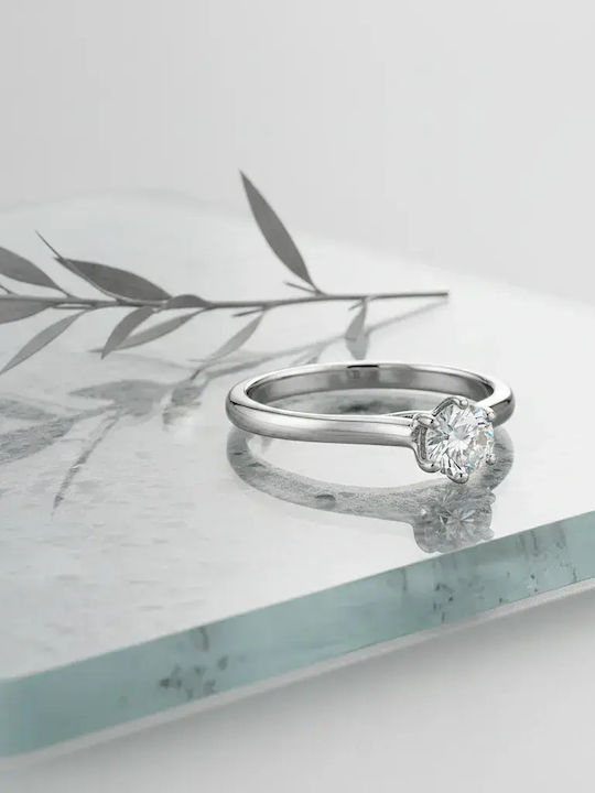 Single Stone Ring In 14K White Gold With Synthetic Diamond