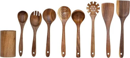 Set of Wooden Serving Utensils With Stand 9 Pieces
