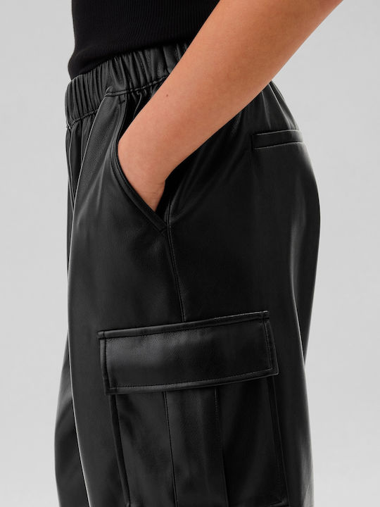 Παιδικό Παντελόνι Cargo Δερμάτινο Black Faux Leather Pull-on