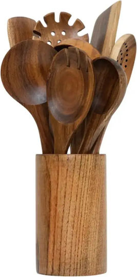 Set of Wooden Serving Utensils With Stand 9 Pieces