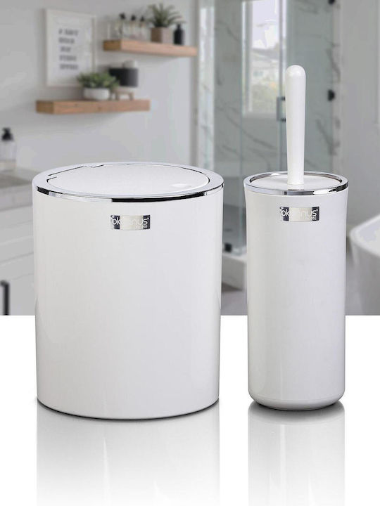 SteweHome Plastic Bathroom Brush and Trash Can Set White
