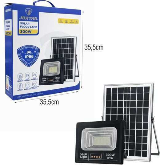 Jortan Στεγανός Ηλιακός Προβολέας LED 300W Ψυχρό Λευκό 6500K με Φωτοκύτταρο και Τηλεχειριστήριο IP66