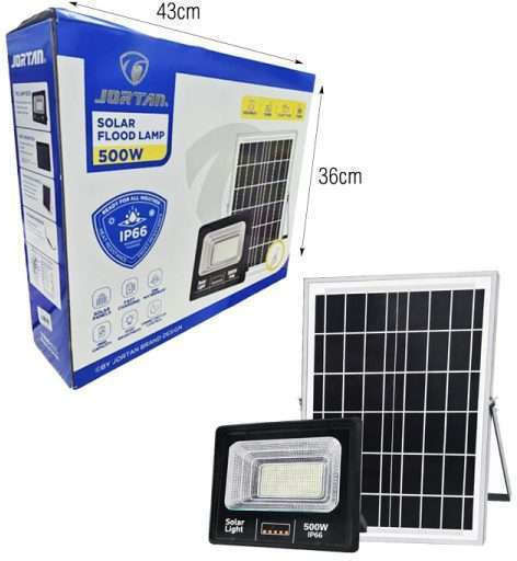 Jortan Waterproof Solar LED Flood Light 500W Cold White 6500K with Photocell and Remote Control IP66