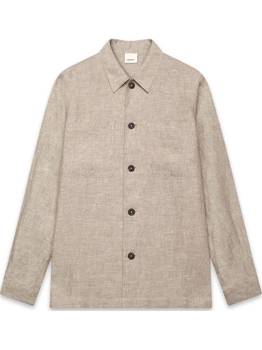 Long Sleeve Linen Overshirt in Regular Fit Beige
