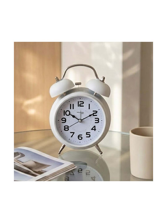 Avizar Analog Table Clock Bedroom Double Bell Elegant White