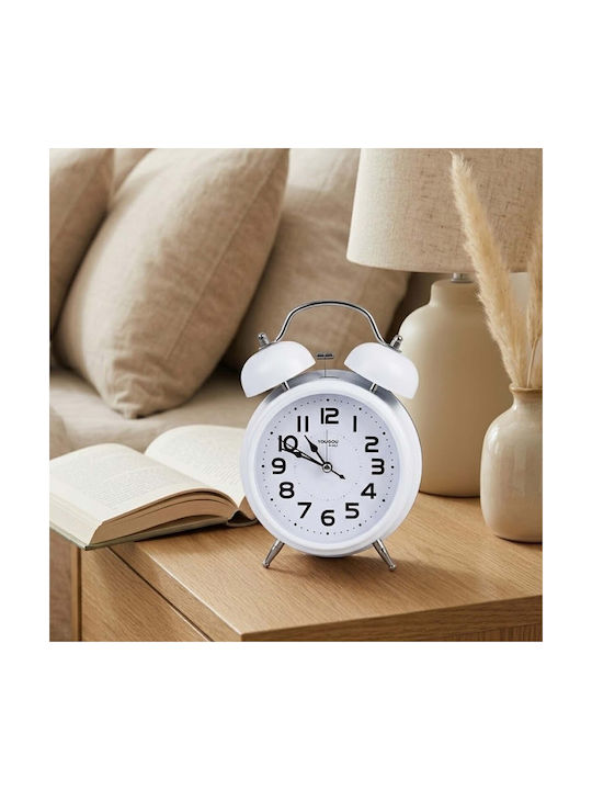 Avizar Analog Table Clock Bedroom Double Bell Elegant White