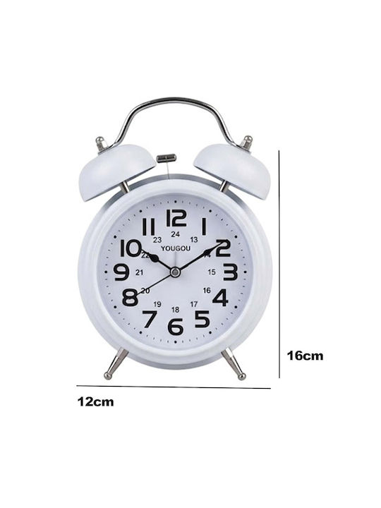 Avizar Analog Table Clock Bedroom Double Bell Elegant White