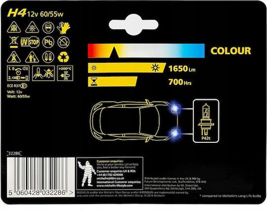 H4 60/55w 12v Michelin Bulbs Extra Long Life +130% P43t Duo Box 2 Pcs