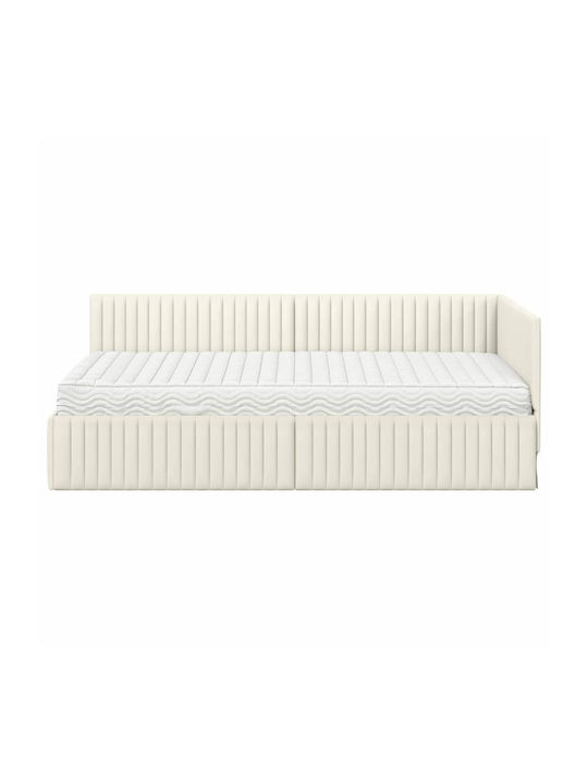 Canapea Pat Single Tapițat Cu Catifea Crem Cu Plăci Și Saltea 90x200cm