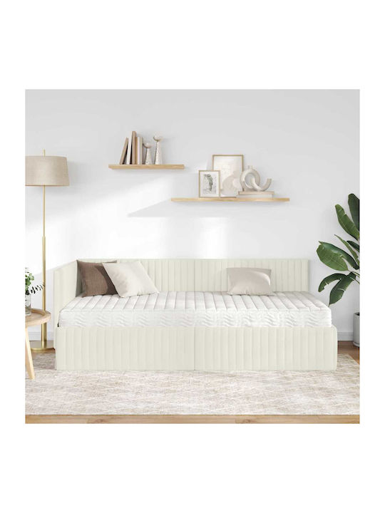 Canapea Pat Single Tapițat Cu Catifea Crem Cu Plăci Și Saltea 90x200cm